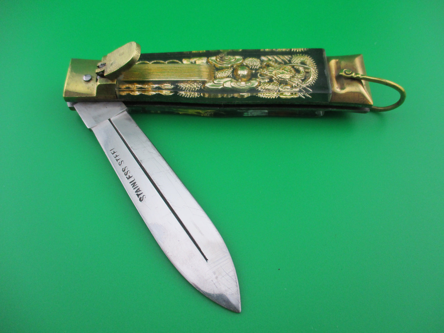 z STAINLESS STEEL Bullfighter Dragon 19cm Vintage Japanese lever Spearpoint switchblade