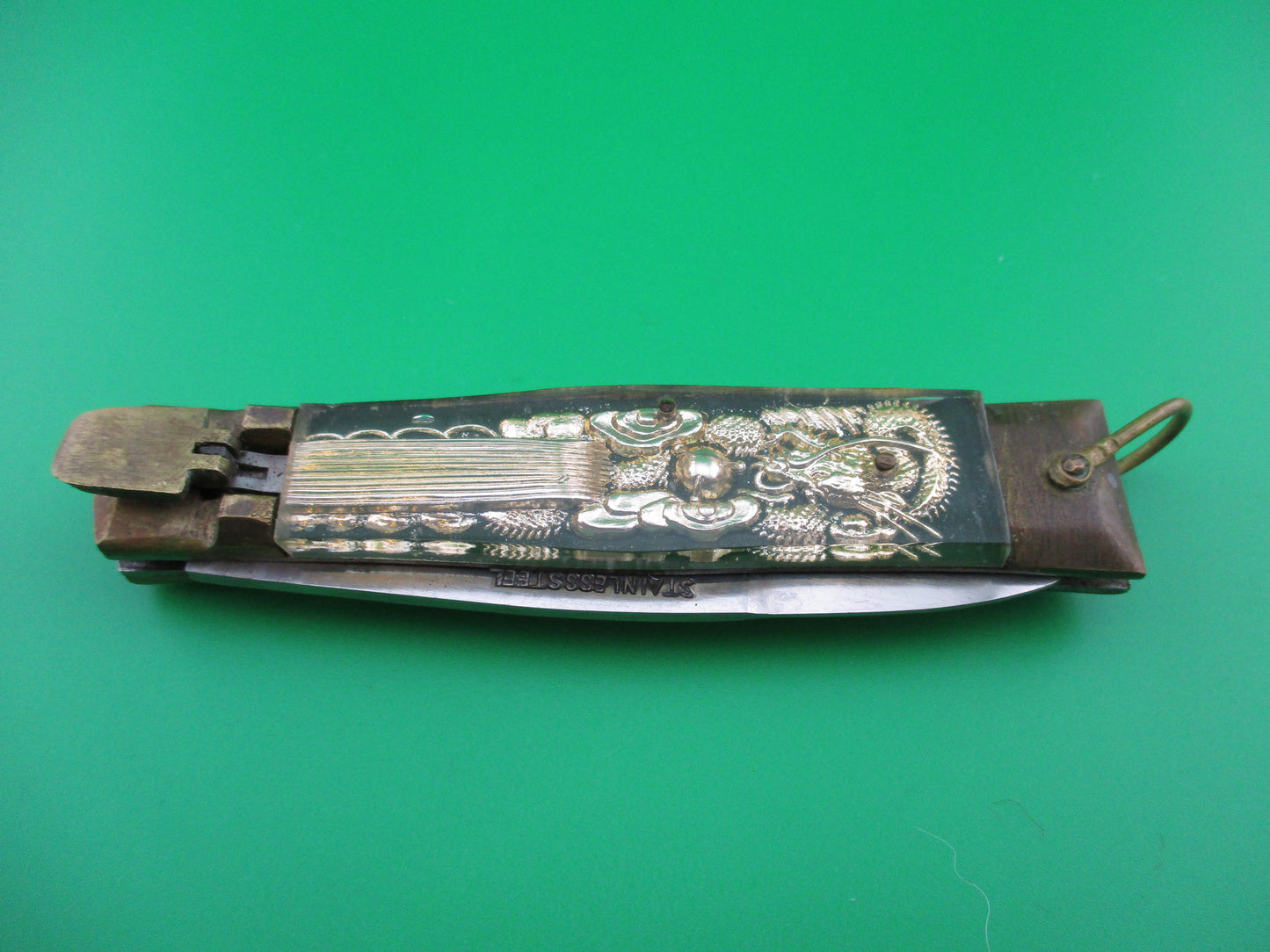 z STAINLESS STEEL Bullfighter Dragon 19cm Vintage Mexican souvenir lever knife w bayonet blade