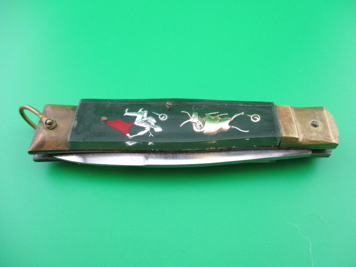 z STAINLESS STEEL Bullfighter Dragon 19cm Vintage Mexican souvenir lever knife w bayonet blade