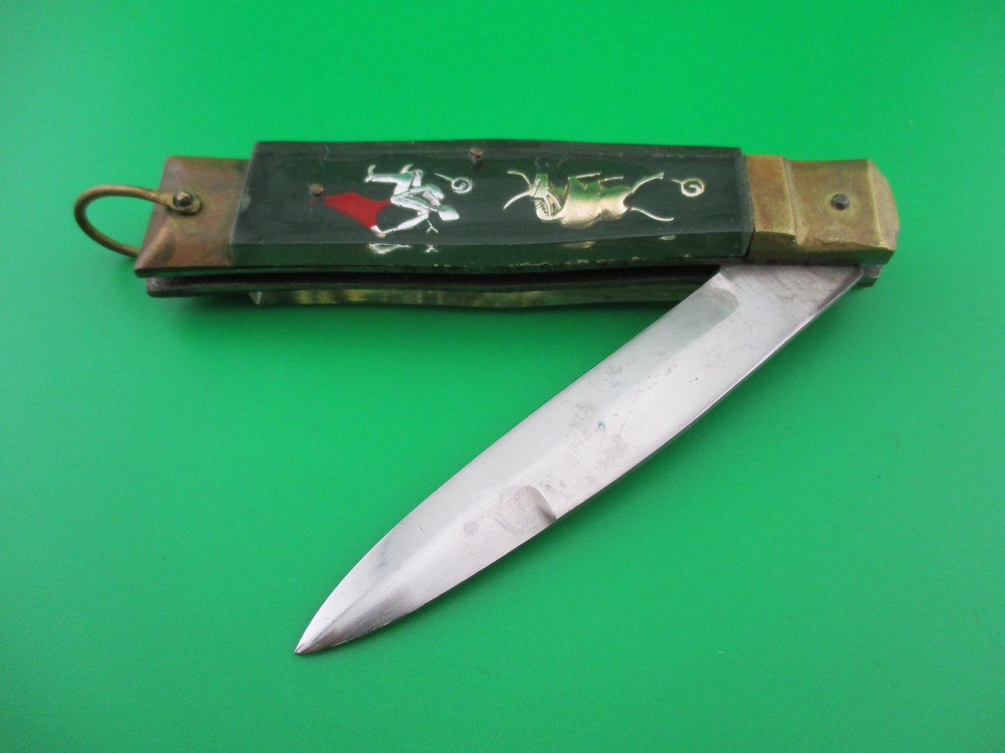 z STAINLESS STEEL Bullfighter Dragon 19cm Vintage Mexican souvenir lever knife w bayonet blade