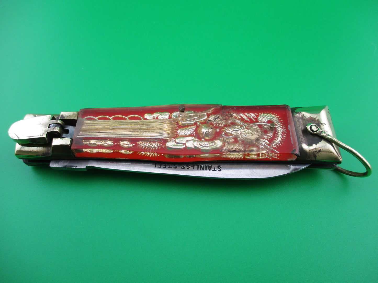 STAINLESS STEEL Bullfighter Dragon 19cm Vintage Mexican Souvenir Spearpoint switchblade knife