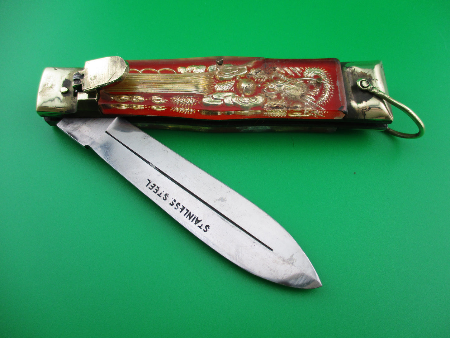STAINLESS STEEL Bullfighter Dragon 19cm Vintage Mexican Souvenir Spearpoint switchblade knife
