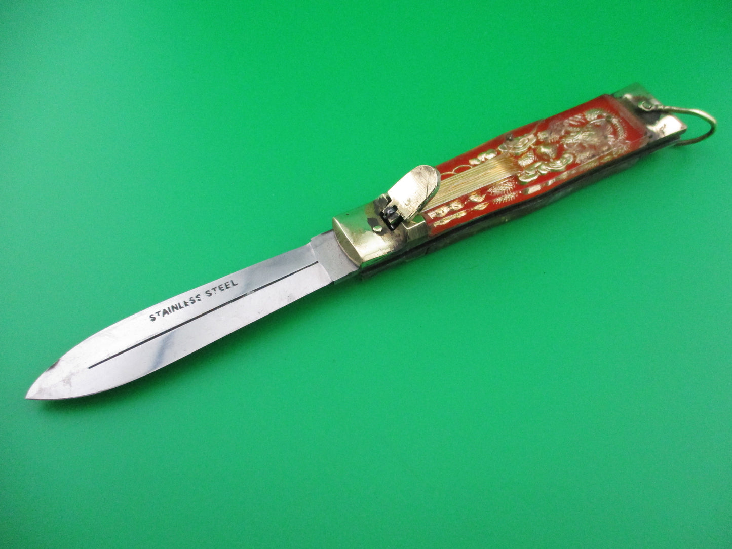 STAINLESS STEEL Bullfighter Dragon 19cm Vintage Mexican Souvenir Spearpoint switchblade knife