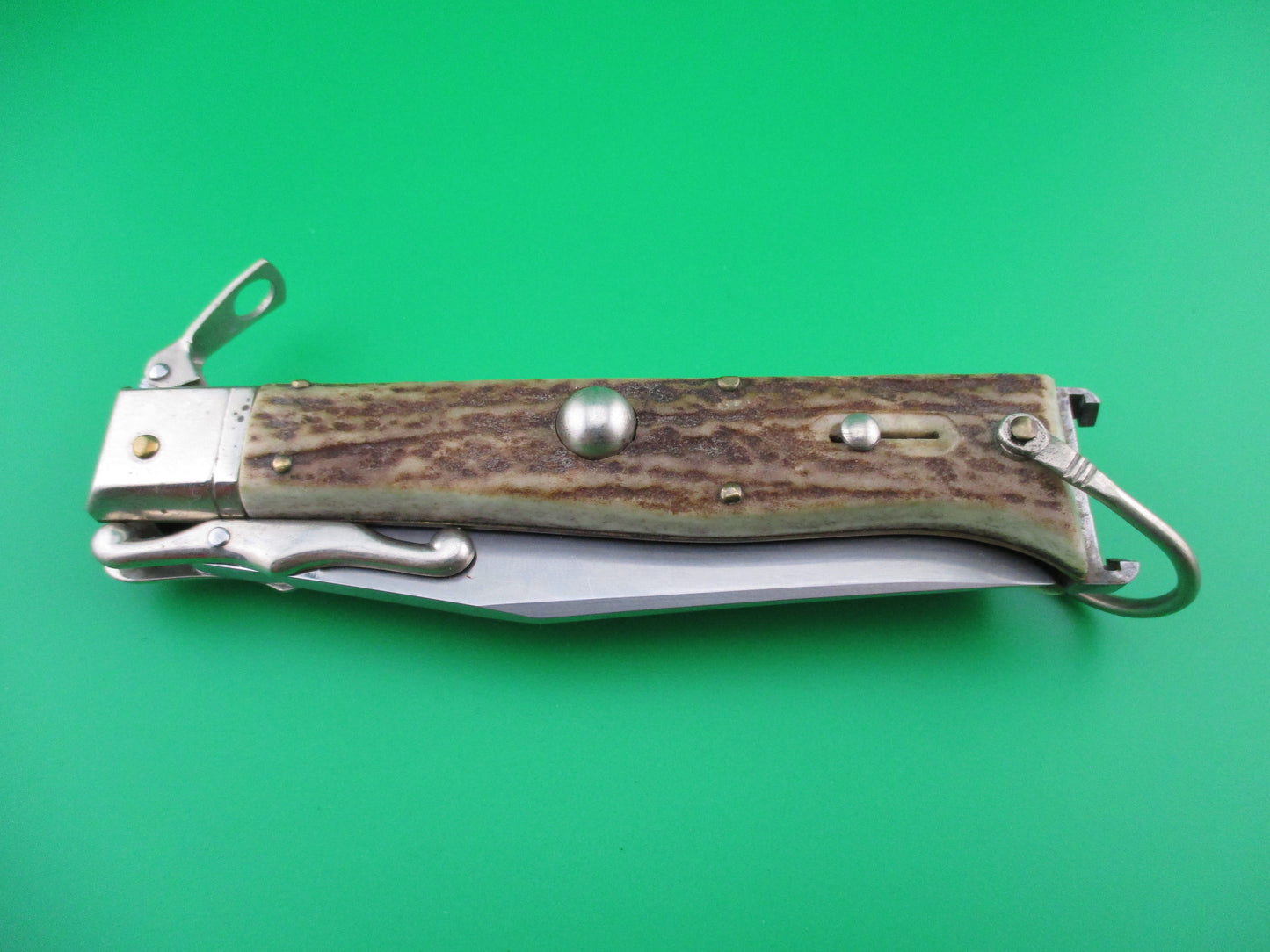 z INOX 23cm Italian Stag Fulcrum release Swing Guard Shell Puller switchblade