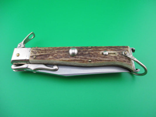 z INOX 23cm Italian Stag Fulcrum release Swing Guard Shell Puller switchblade
