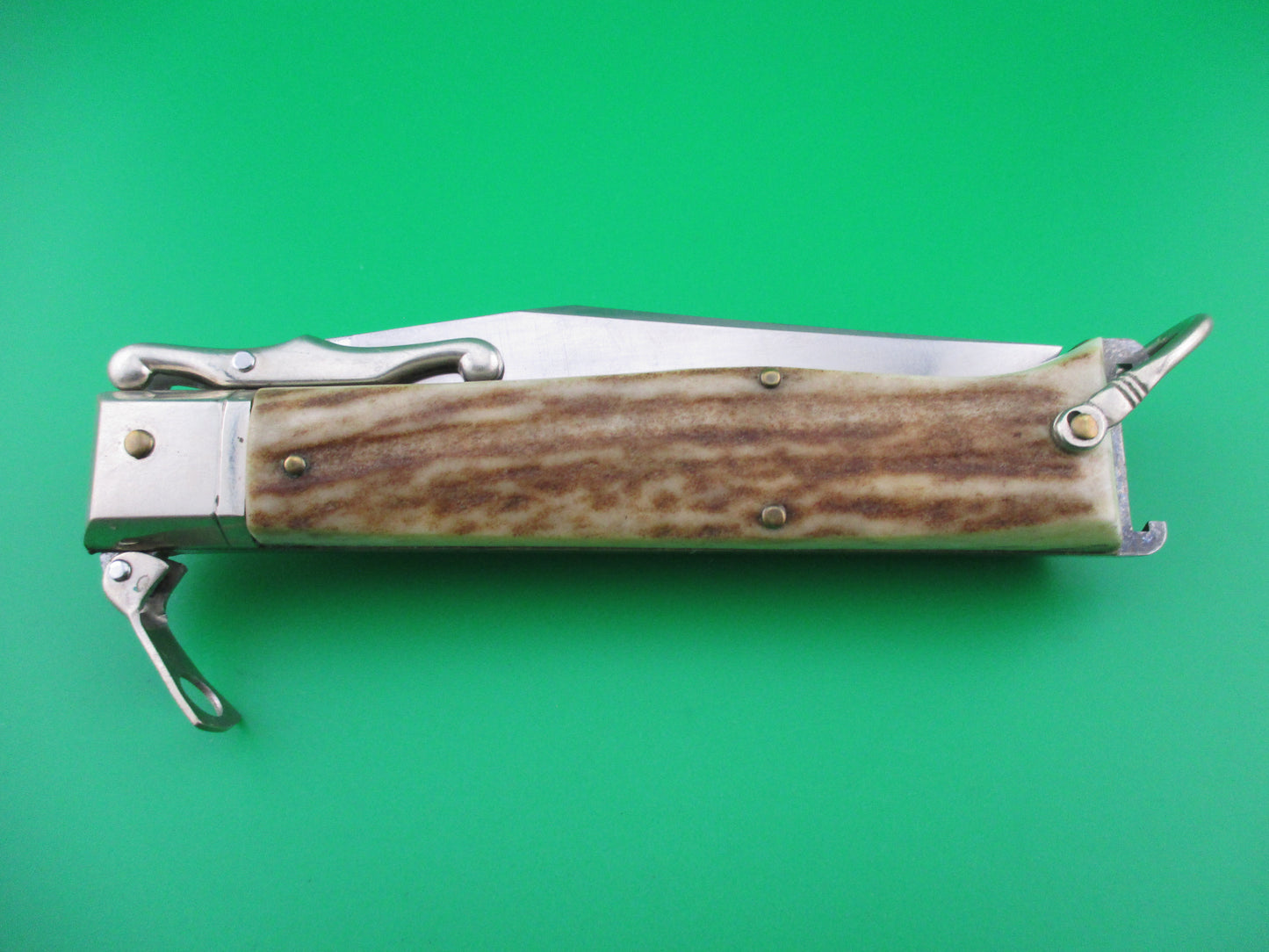 z INOX 23cm Italian Stag Fulcrum release Swing Guard Shell Puller switchblade