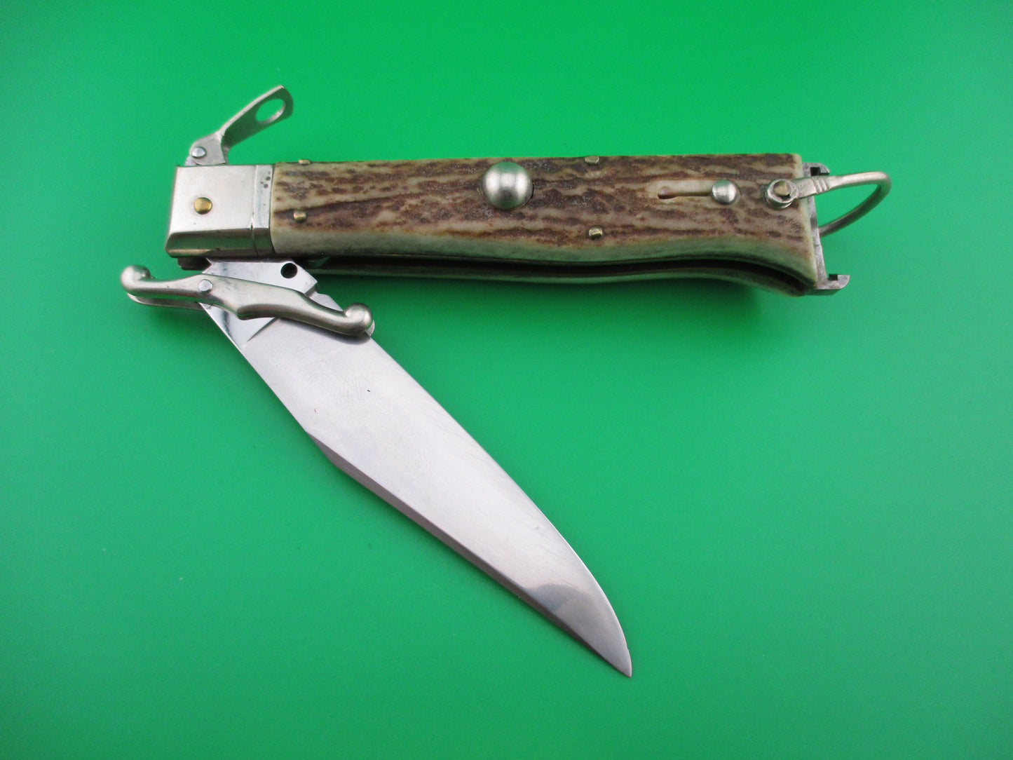 z INOX 23cm Italian Stag Fulcrum release Swing Guard Shell Puller switchblade