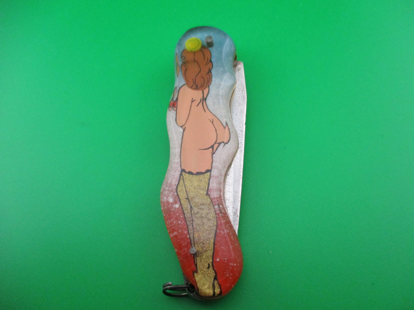 Russian Prison knife Sexy Woman switchblade gold stockings topless keychain