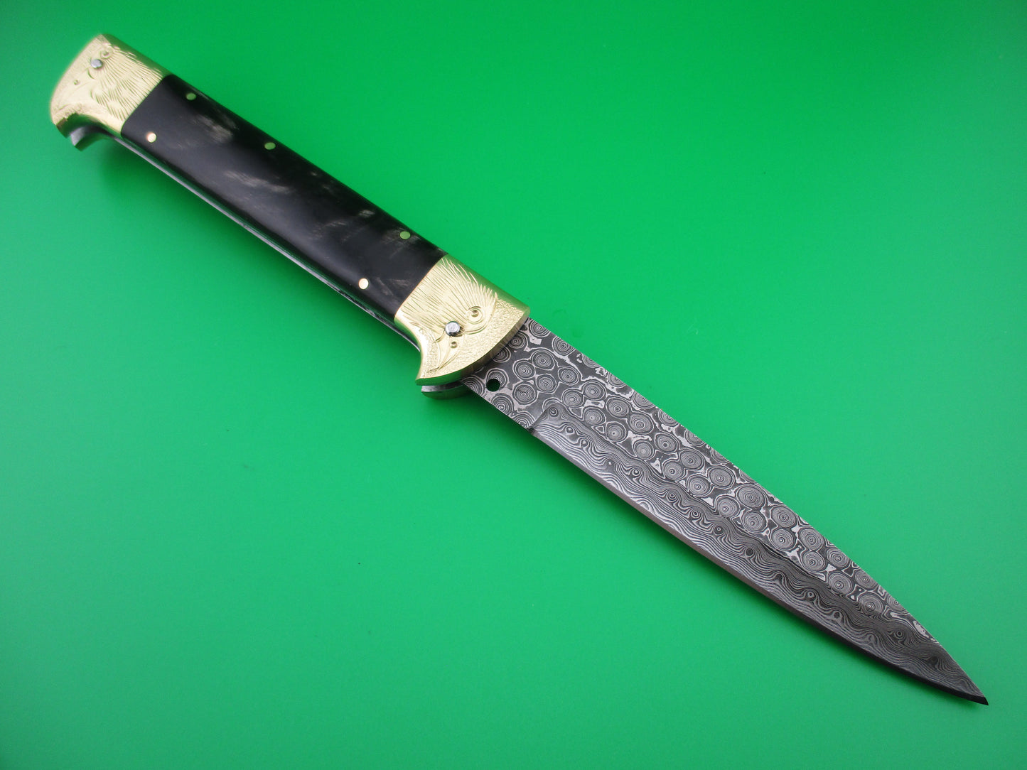 z Custom 29cm Custom Damascus Bird Head Backspring release automatic knife by Samir Ahmad