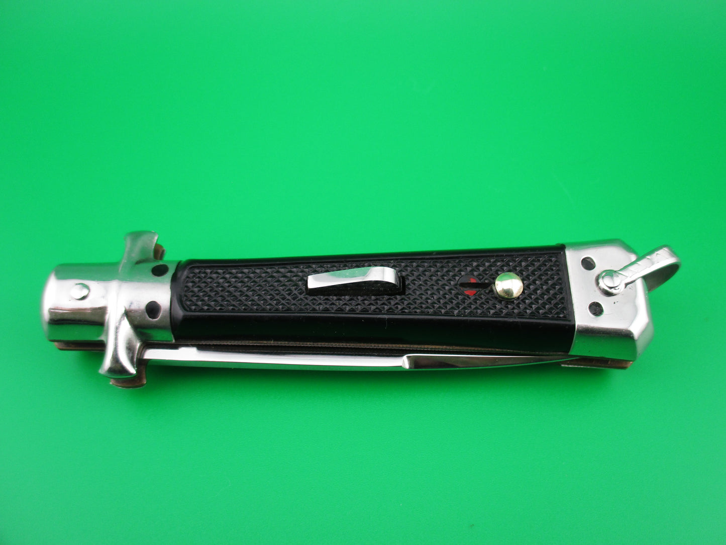 z BARGEON INOX 19cm French Automatic Knife Black checkered Red Dot safety