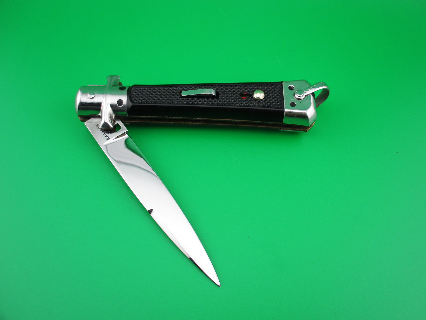 z BARGEON INOX 19cm French Automatic Knife Black checkered Red Dot safety