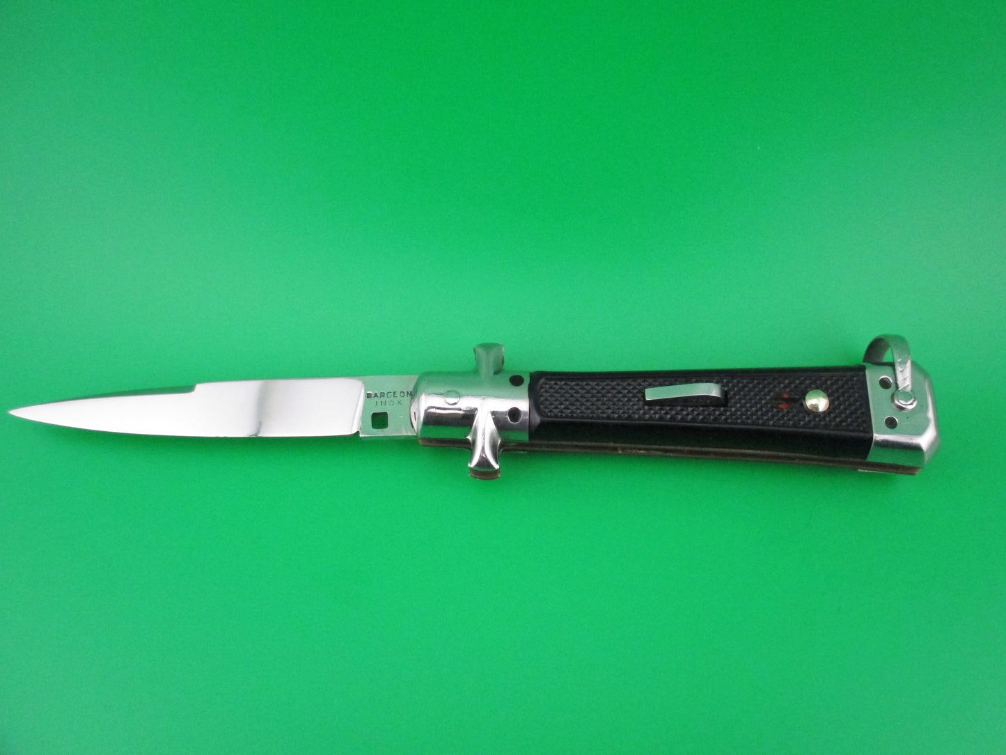 z BARGEON INOX 19cm French Automatic Knife Black checkered Red Dot safety