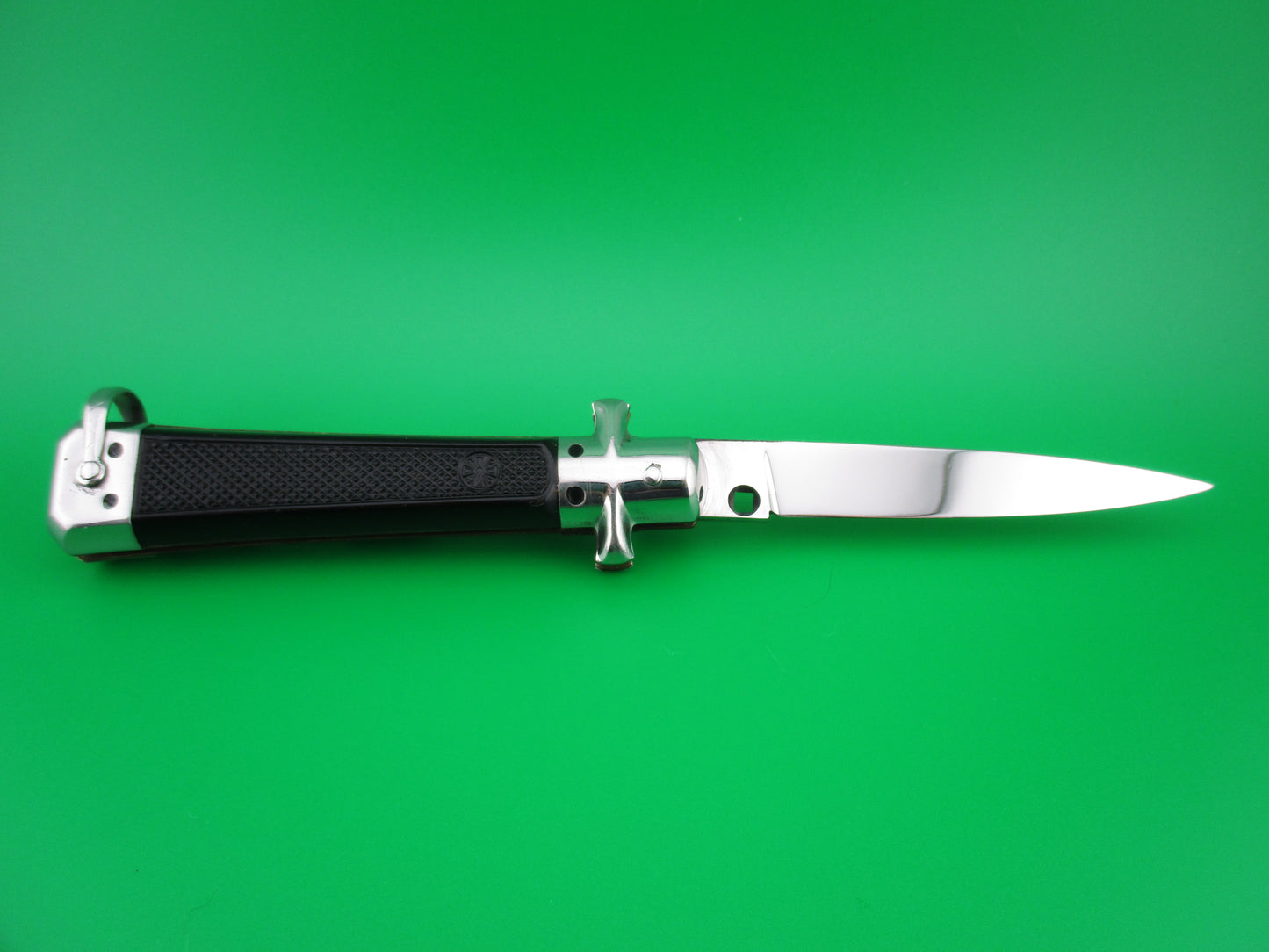 z BARGEON INOX 19cm French Automatic Knife Black checkered Red Dot safety