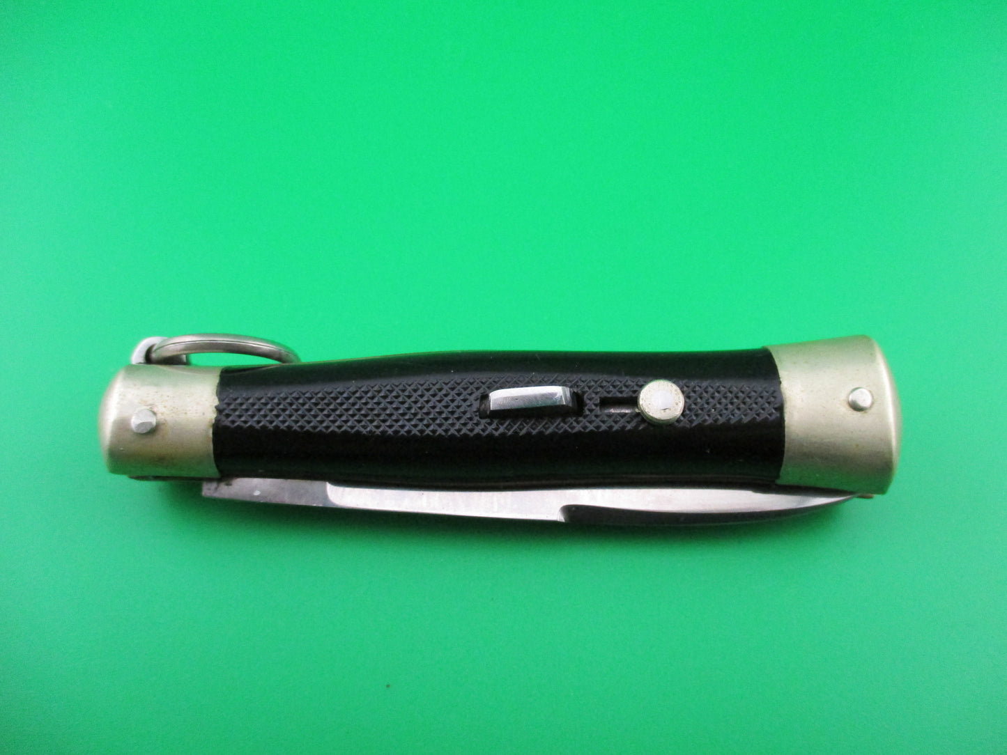 Bargeon 18cm French Ring Pull Black checkered spear point vintage automatic knife