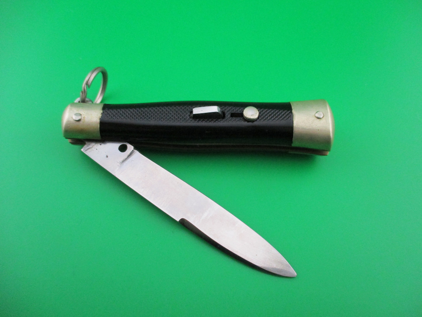 Bargeon 18cm French Ring Pull Black checkered spear point vintage automatic knife