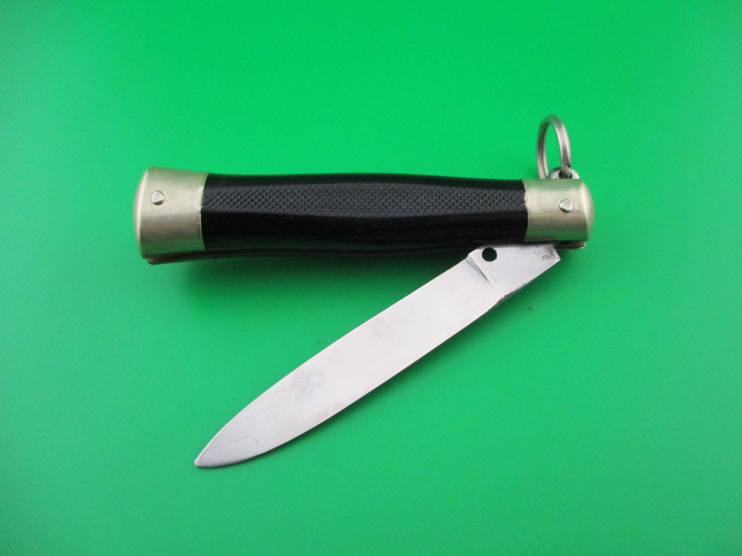 Bargeon 18cm French Ring Pull Black checkered spear point vintage automatic knife