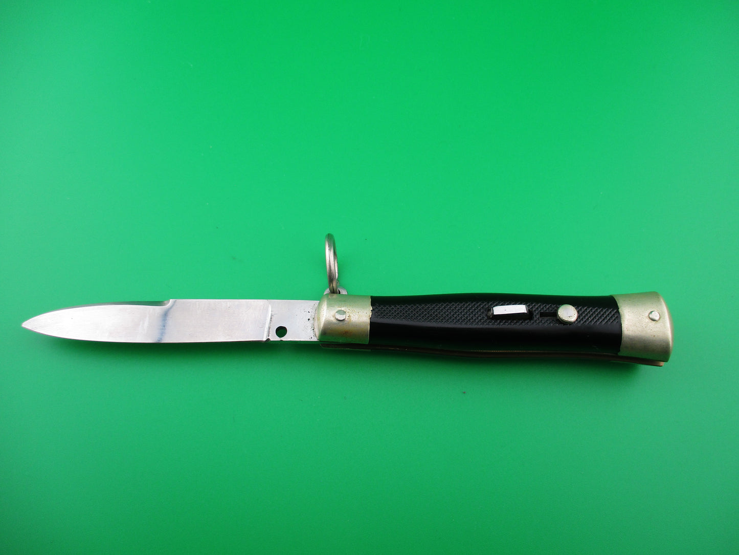 Bargeon 18cm French Ring Pull Black checkered spear point vintage automatic knife