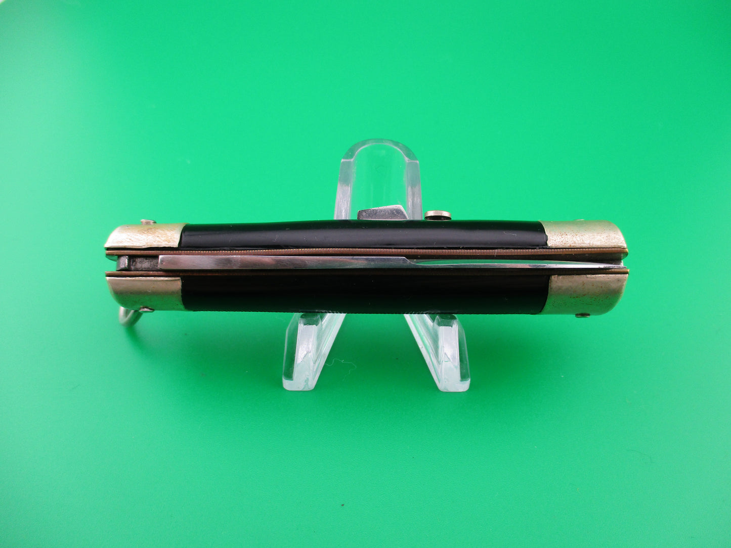 Bargeon 18cm French Ring Pull Black checkered spear point vintage automatic knife
