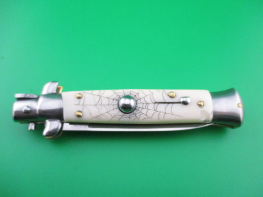 z MADE ITALY 20cm Italian Stiletto Swivel bolster Skulls & Roses scrimshaw automatic knife