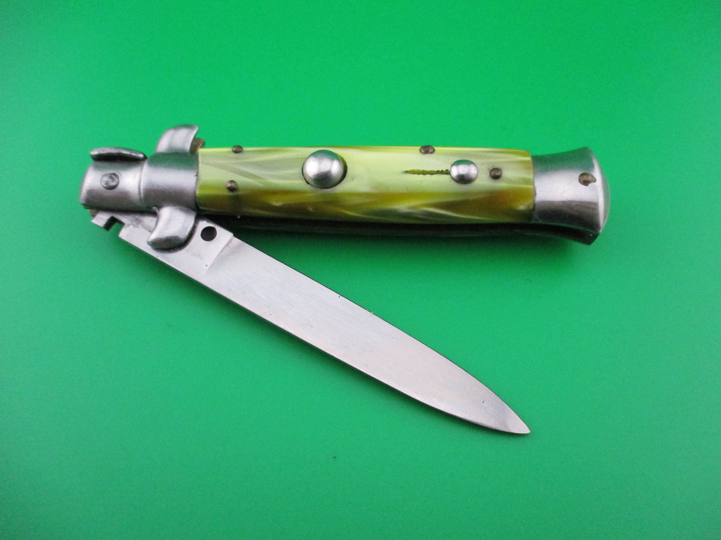 z Rostfrei O 18cm Italian Stiletto swivel bolster Green pearlex automatic knife