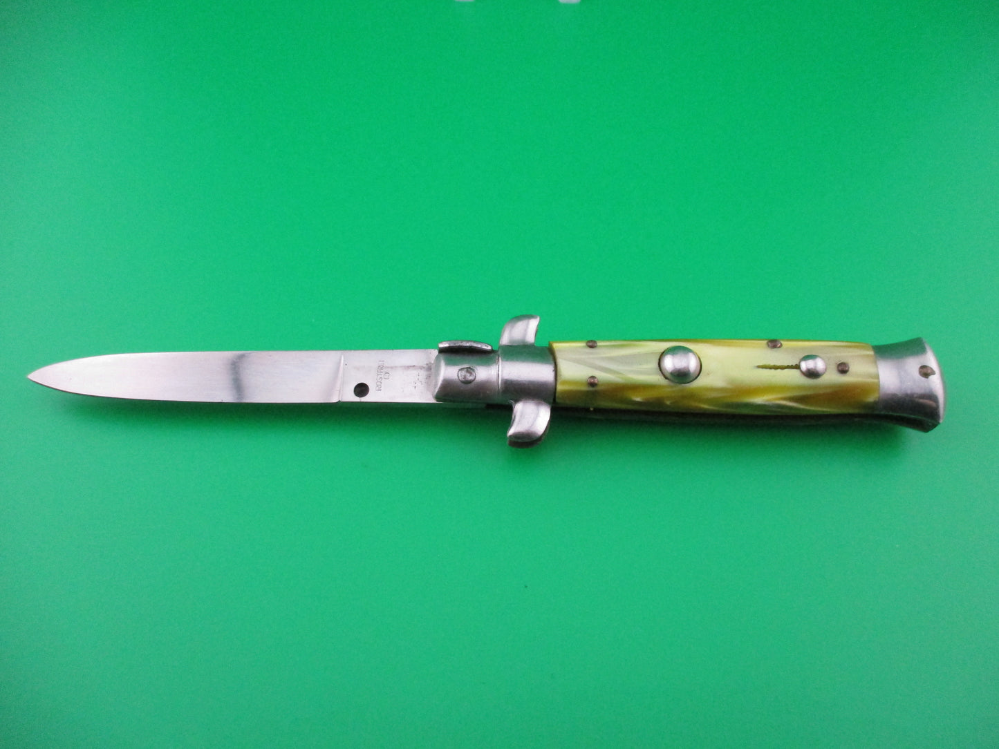 z Rostfrei O 18cm Italian Stiletto swivel bolster Green pearlex automatic knife