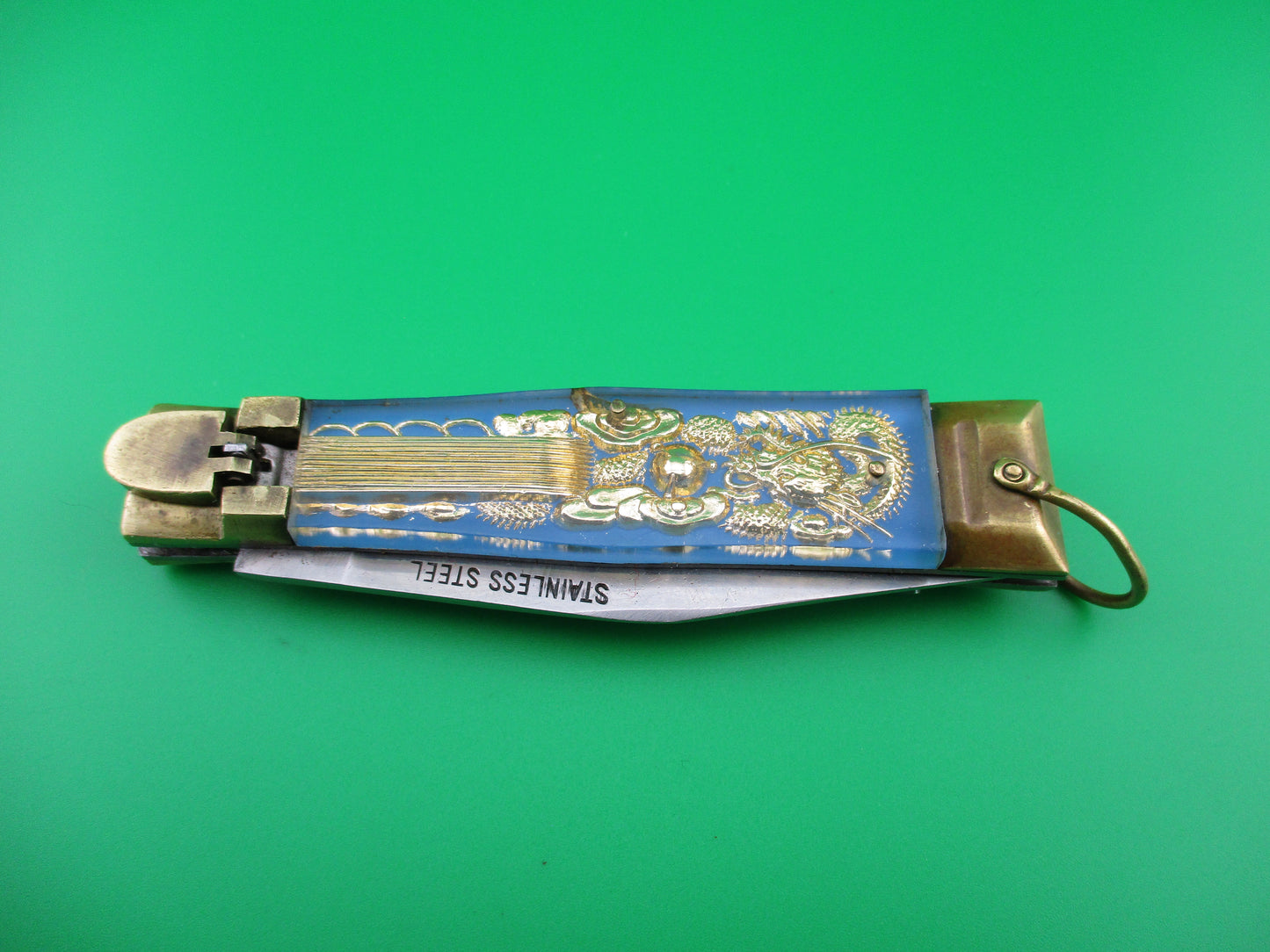 z STAINLESS STEEL Bullfighter Dragon 19cm Mexican Light Blue Souvenir lever switchblade knife