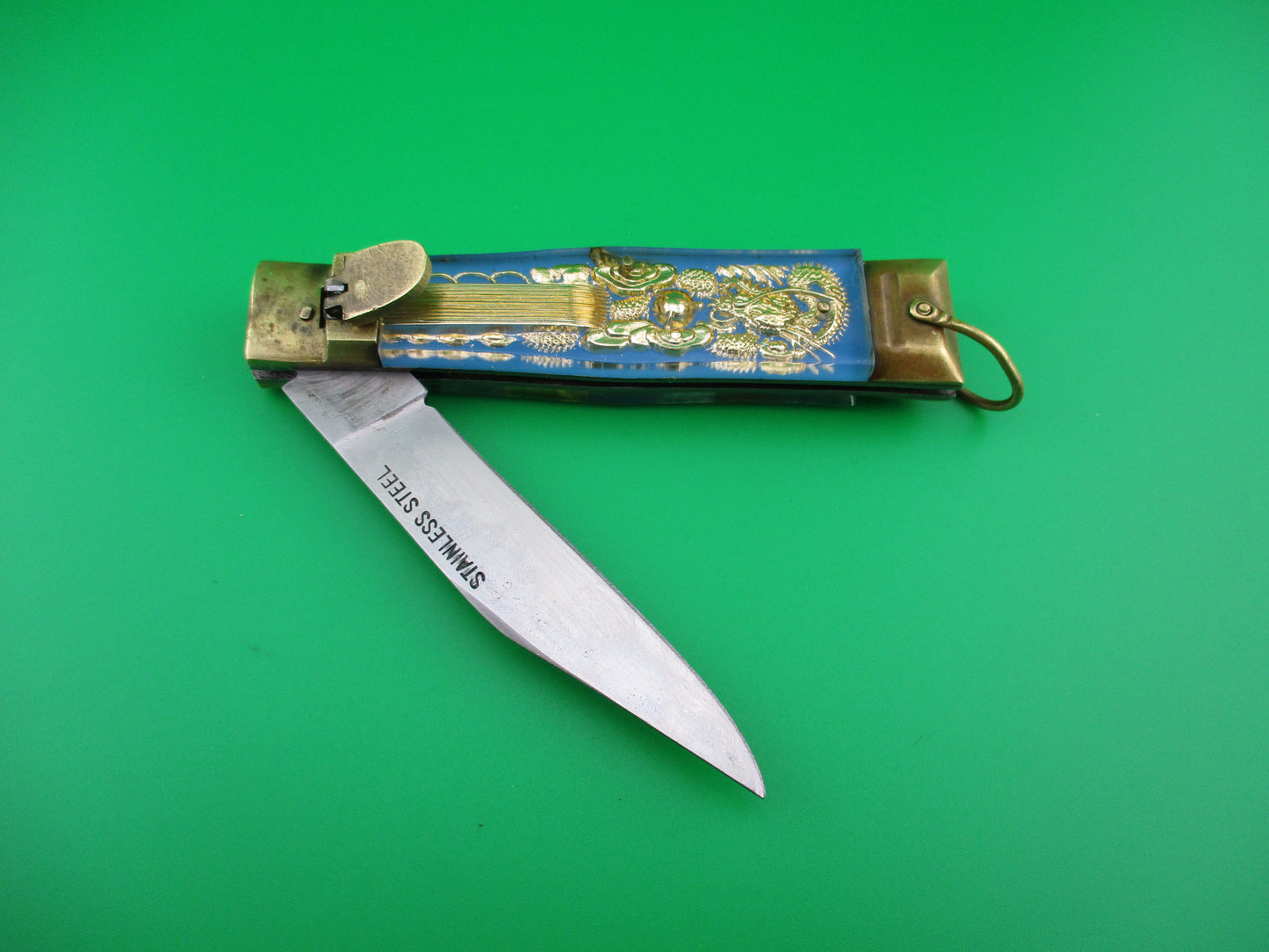z STAINLESS STEEL Bullfighter Dragon 19cm Mexican Light Blue Souvenir lever switchblade knife