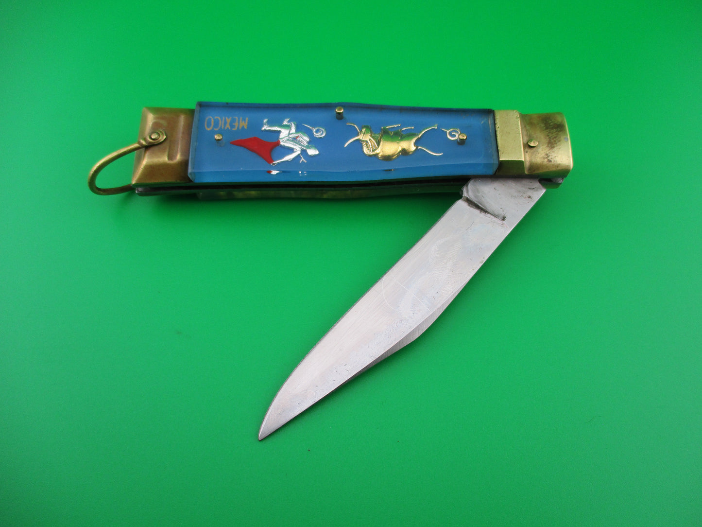 z STAINLESS STEEL Bullfighter Dragon 19cm Mexican Light Blue Souvenir lever switchblade knife
