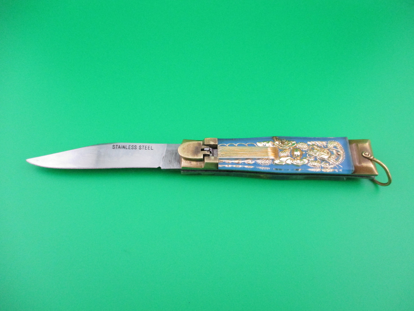 z STAINLESS STEEL Bullfighter Dragon 19cm Mexican Light Blue Souvenir lever switchblade knife