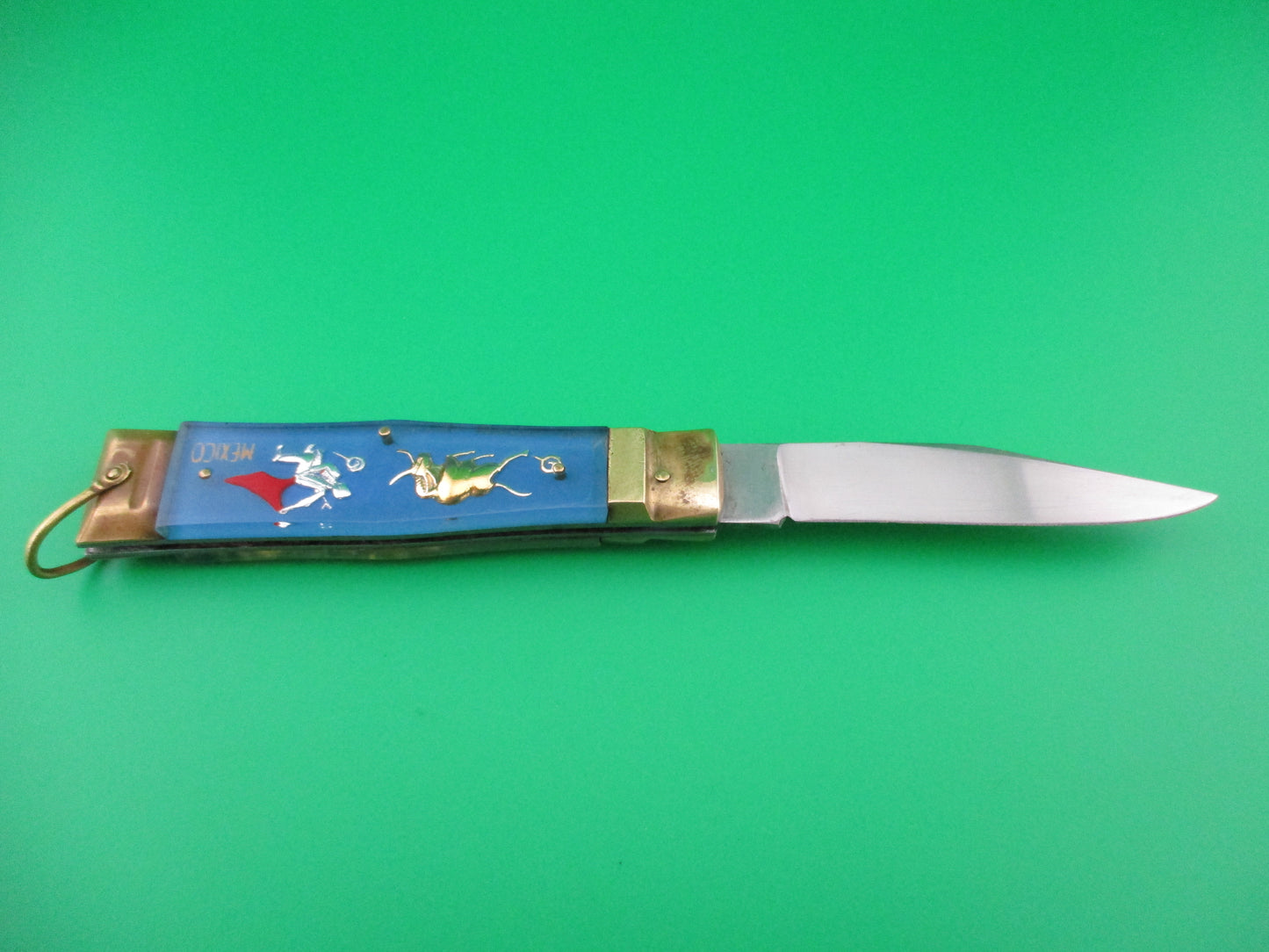 z STAINLESS STEEL Bullfighter Dragon 19cm Mexican Light Blue Souvenir lever switchblade knife