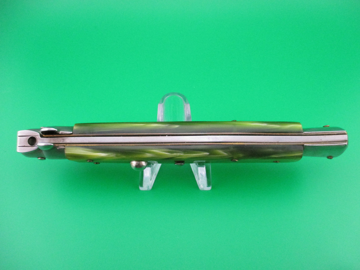 Italian 28cm Stiletto Swivel bolster Green pearlex automatic knife sterile