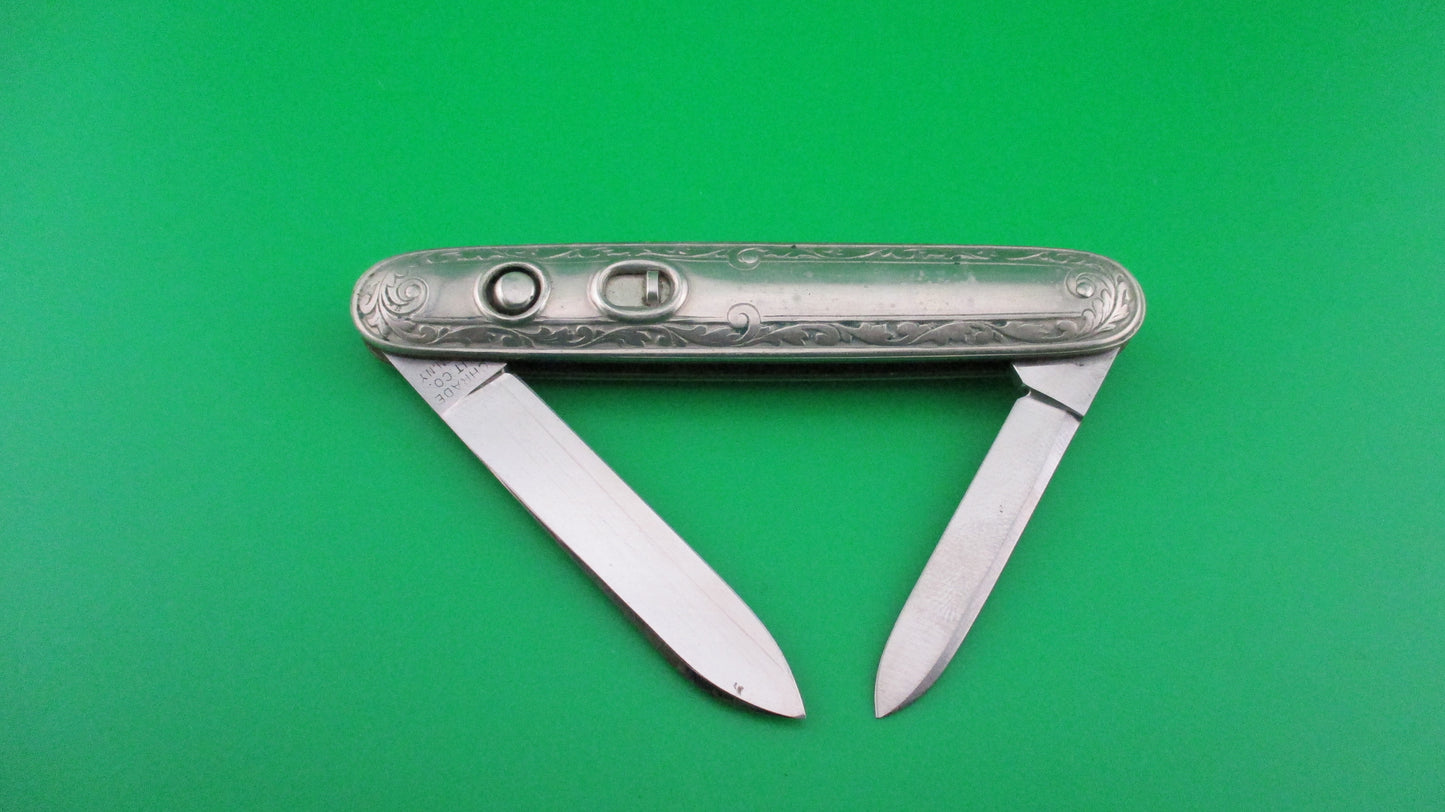 z SCHRADE CUT CO Medium double German Silver Deluxe Scroll switchblade knife Minty