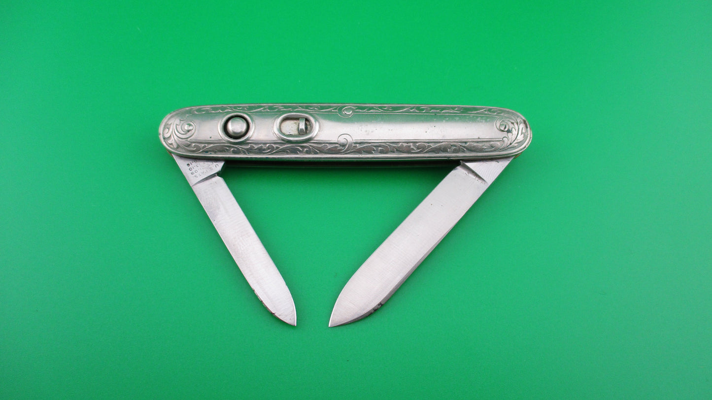 z SCHRADE CUT CO Medium double German Silver Deluxe Scroll switchblade knife Minty