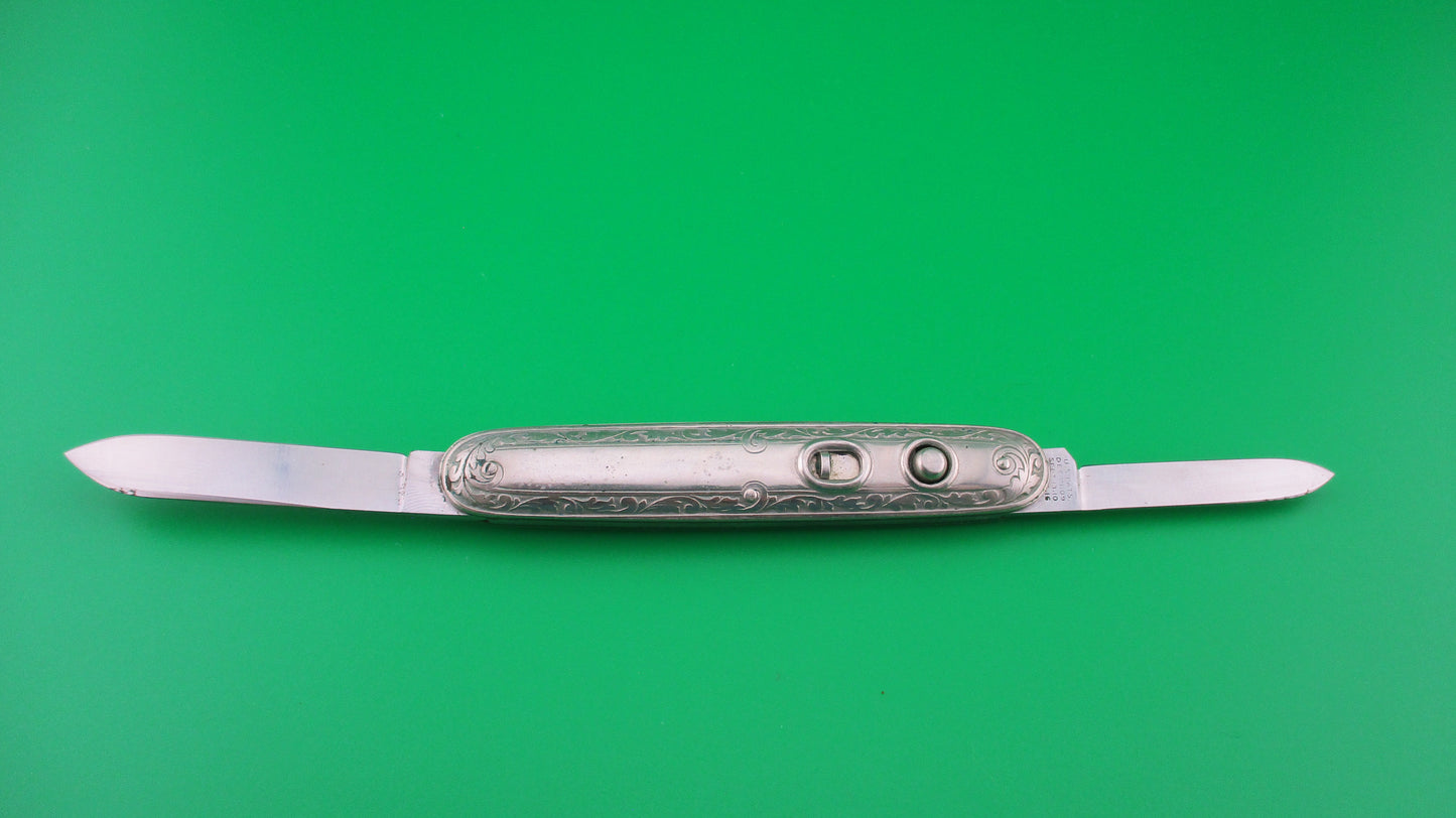 z SCHRADE CUT CO Medium double German Silver Deluxe Scroll switchblade knife Minty