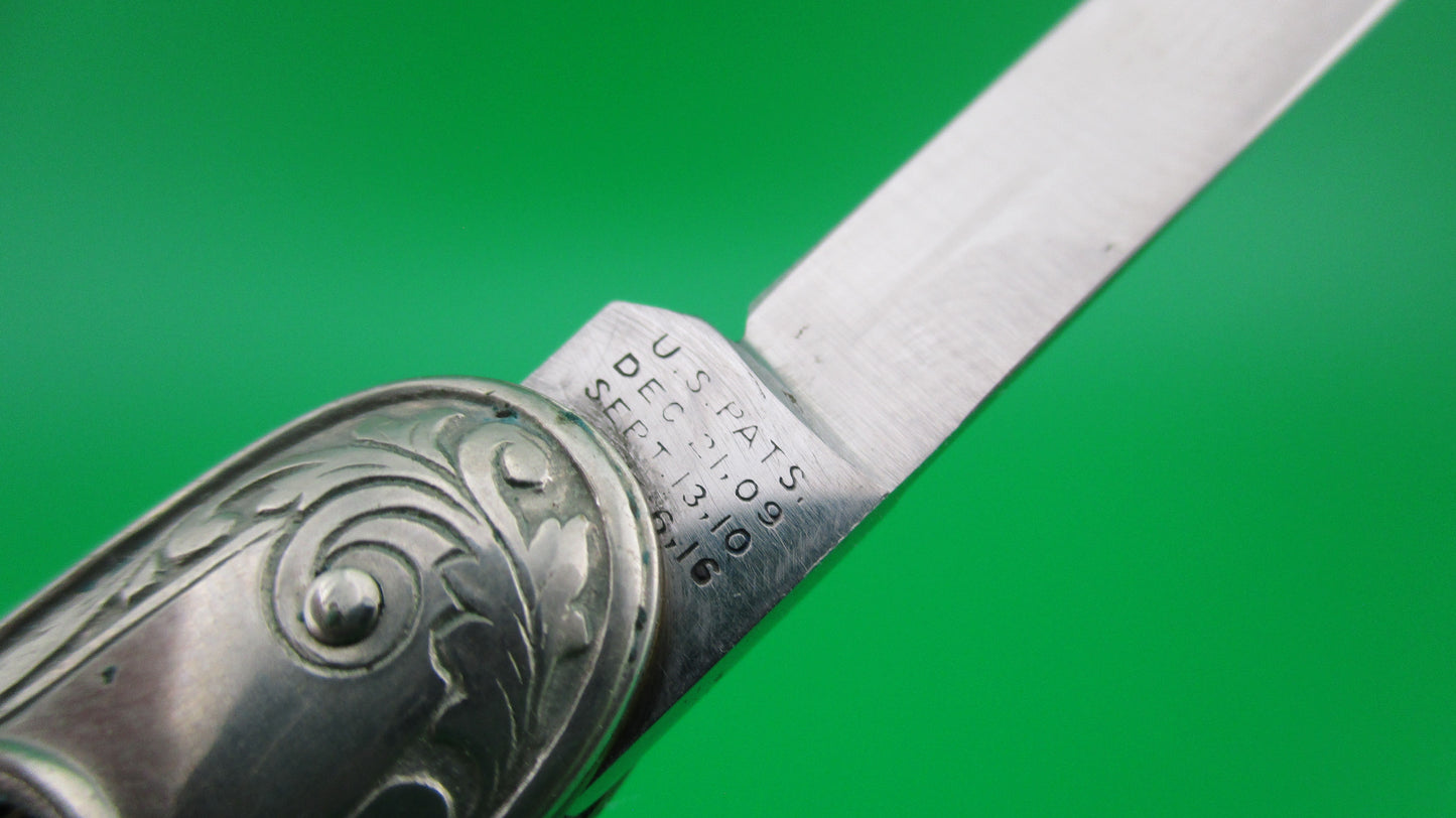z SCHRADE CUT CO Medium double German Silver Deluxe Scroll switchblade knife Minty