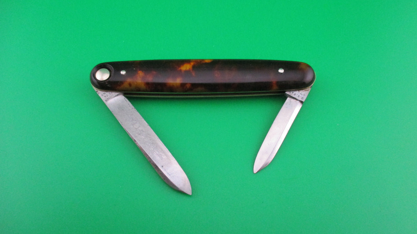 z Press Button Knife Co medium double Tortoise Cell etched STILETTO w/ sword