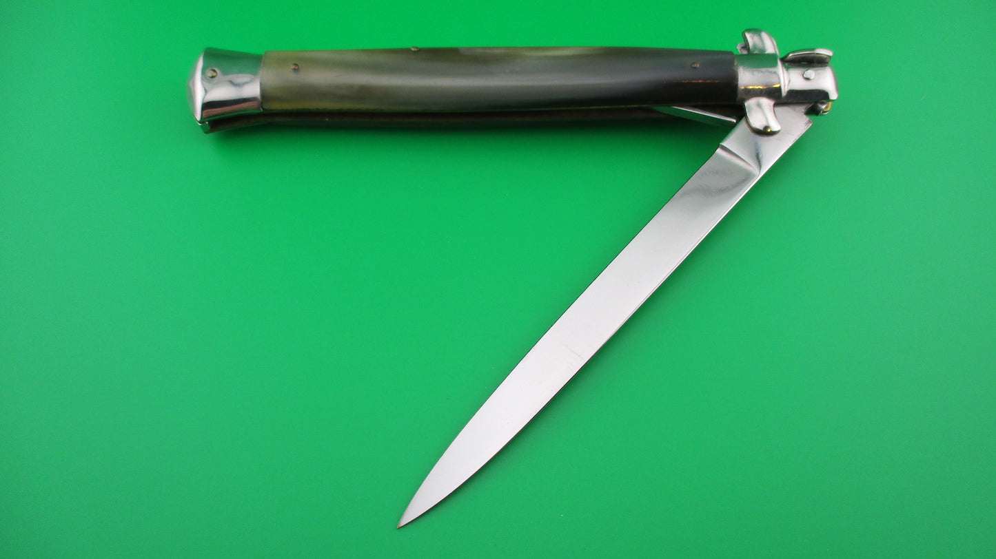 z QJD Rostfrei Italian 33cm 1960s Transitional Stiletto automatic knife green horn