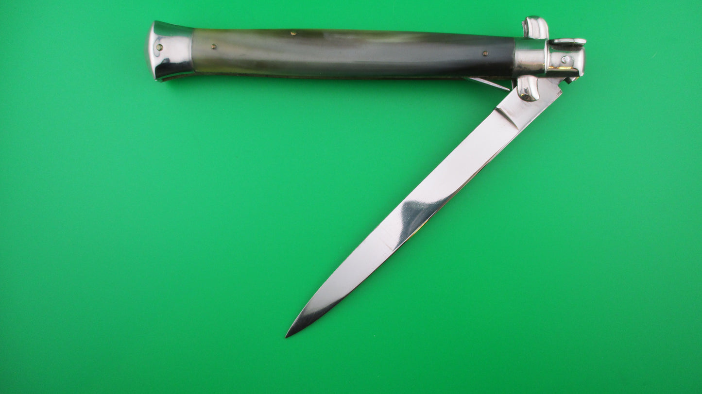 z QJD Rostfrei Italian 33cm 1960s Transitional Stiletto automatic knife green horn