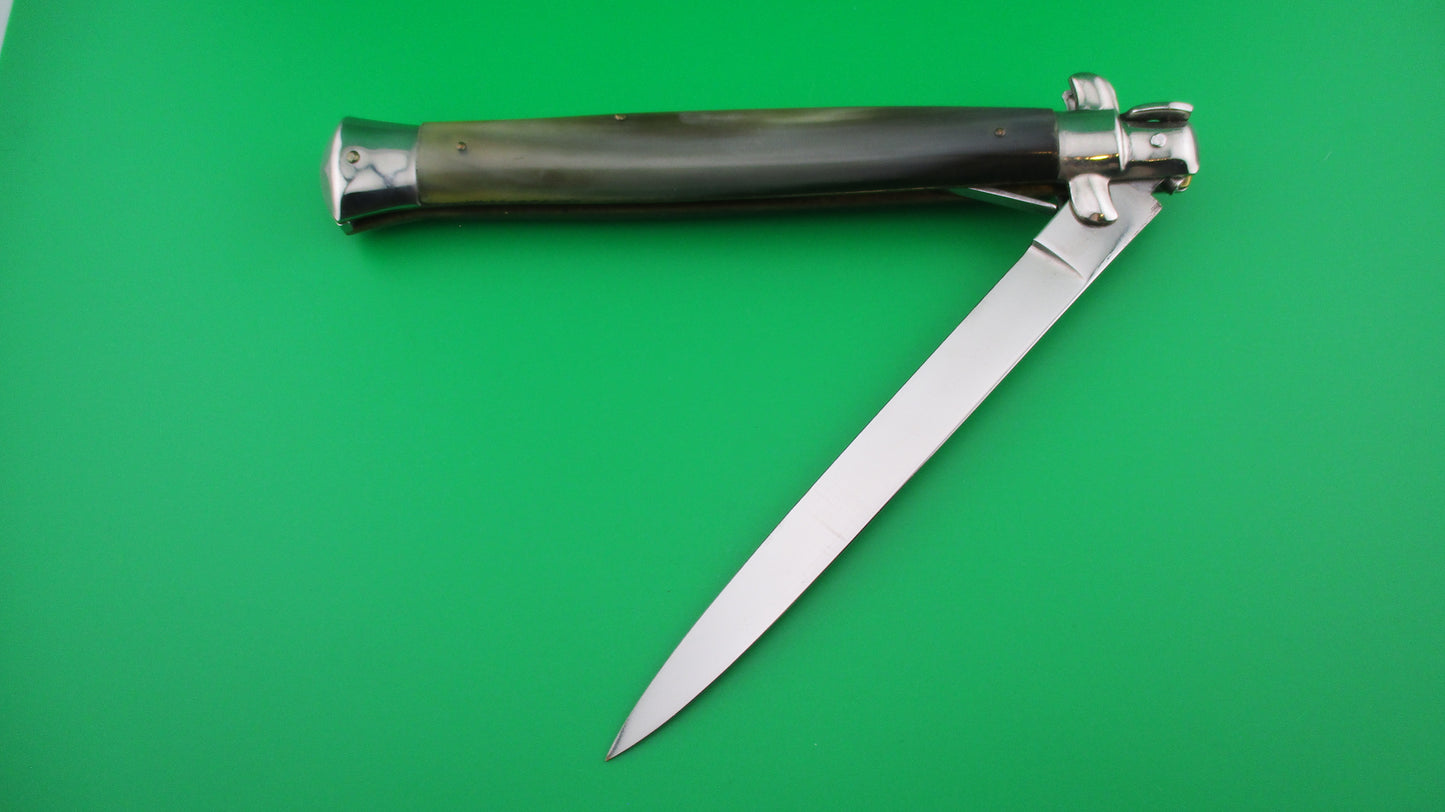 z QJD Rostfrei Italian 33cm 1960s Transitional Stiletto automatic knife green horn