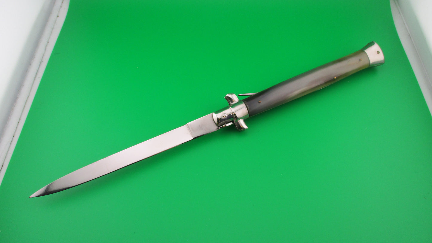 z QJD Rostfrei Italian 33cm 1960s Transitional Stiletto automatic knife green horn