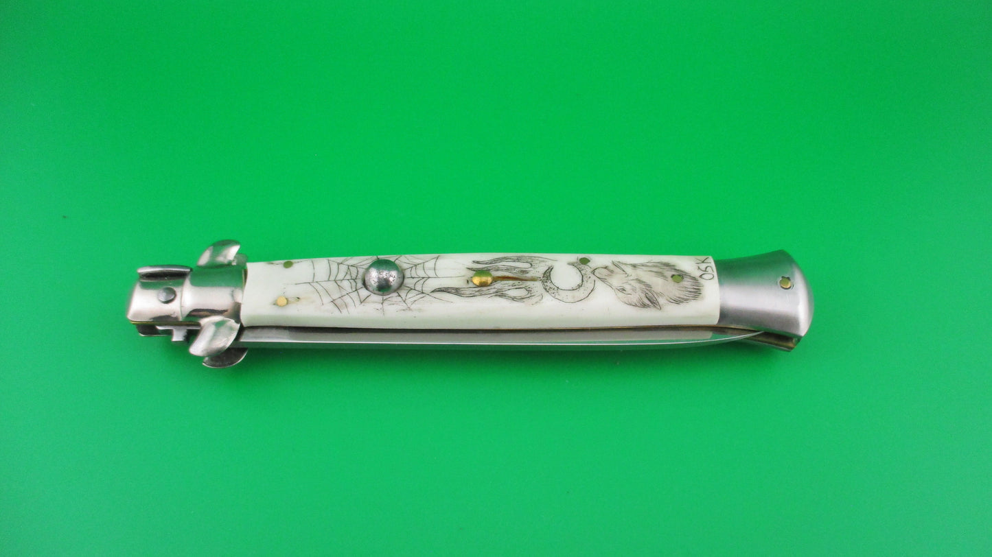 J INOX 28cm Italian Swivel bolster Scrimshaw Wolf & Moon automatic knife OSK MULAS