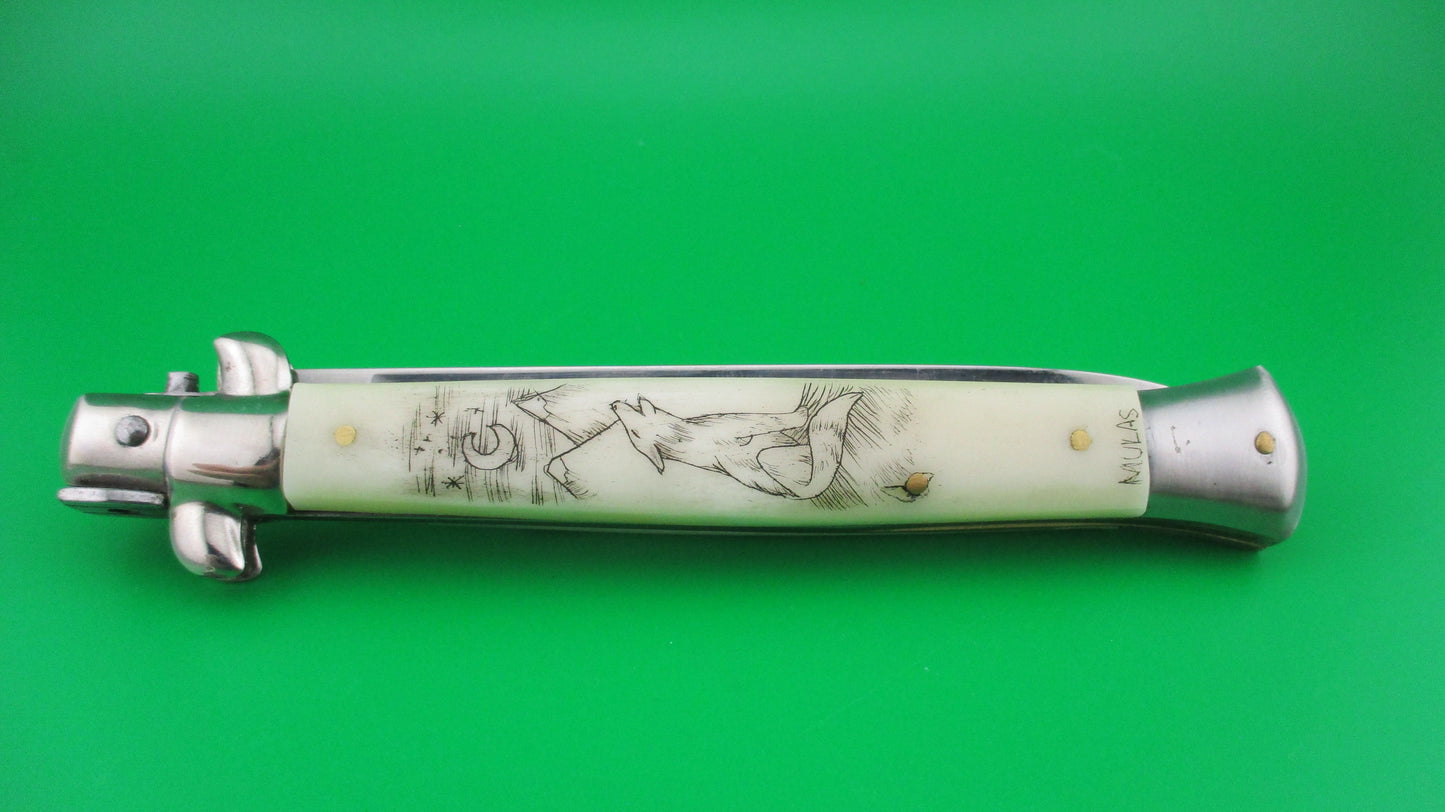J INOX 28cm Italian Swivel bolster Scrimshaw Wolf & Moon automatic knife OSK MULAS