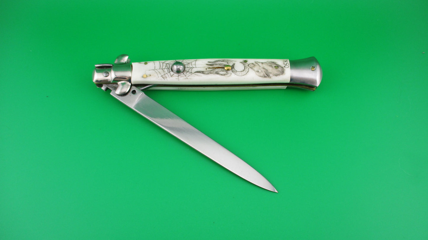 J INOX 28cm Italian Swivel bolster Scrimshaw Wolf & Moon automatic knife OSK MULAS
