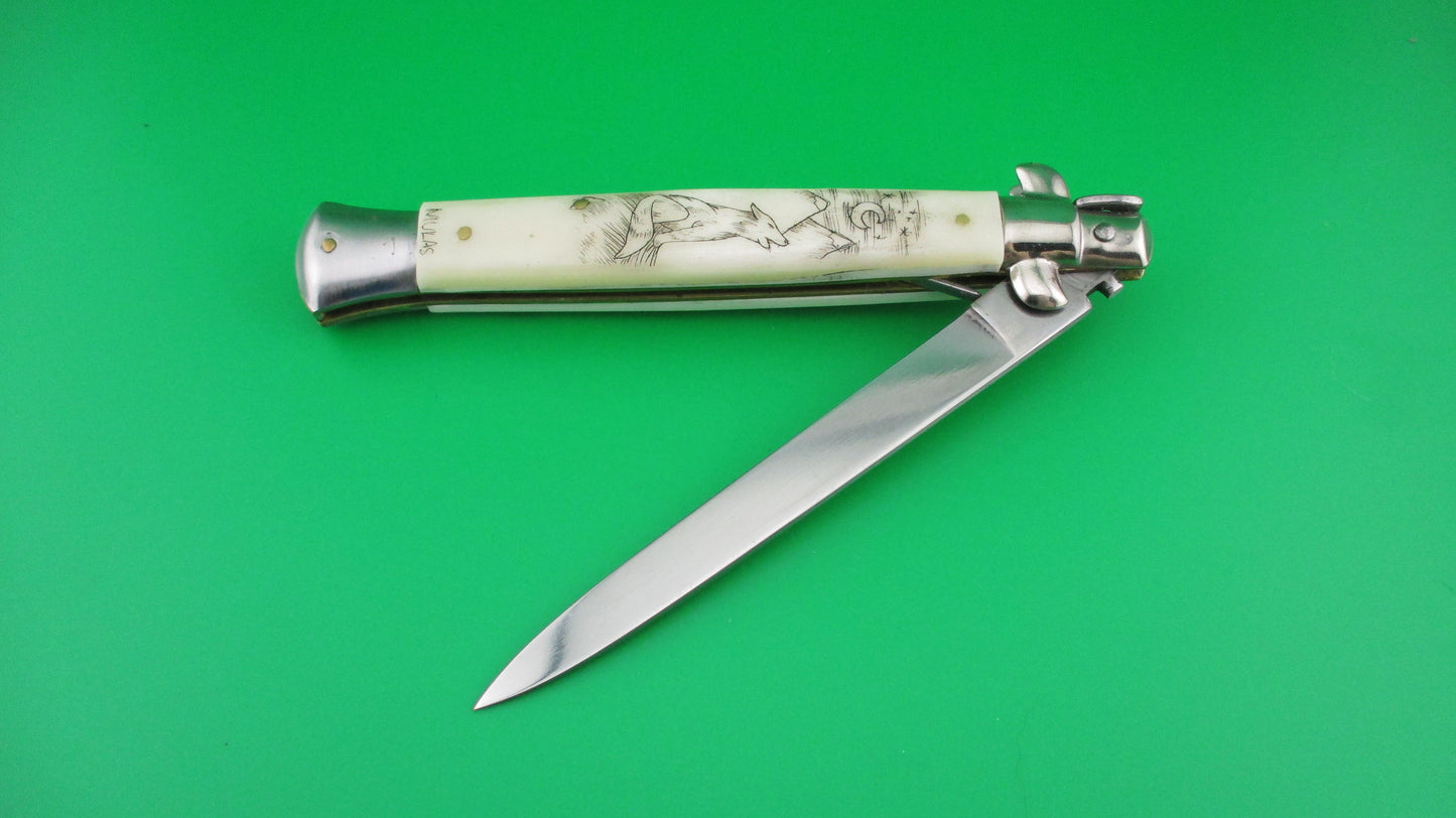 J INOX 28cm Italian Swivel bolster Scrimshaw Wolf & Moon automatic knife OSK MULAS