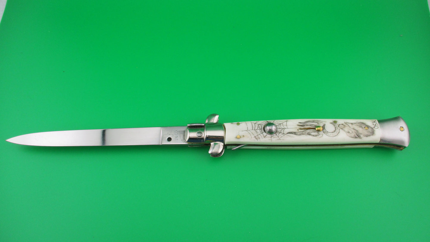J INOX 28cm Italian Swivel bolster Scrimshaw Wolf & Moon automatic knife OSK MULAS