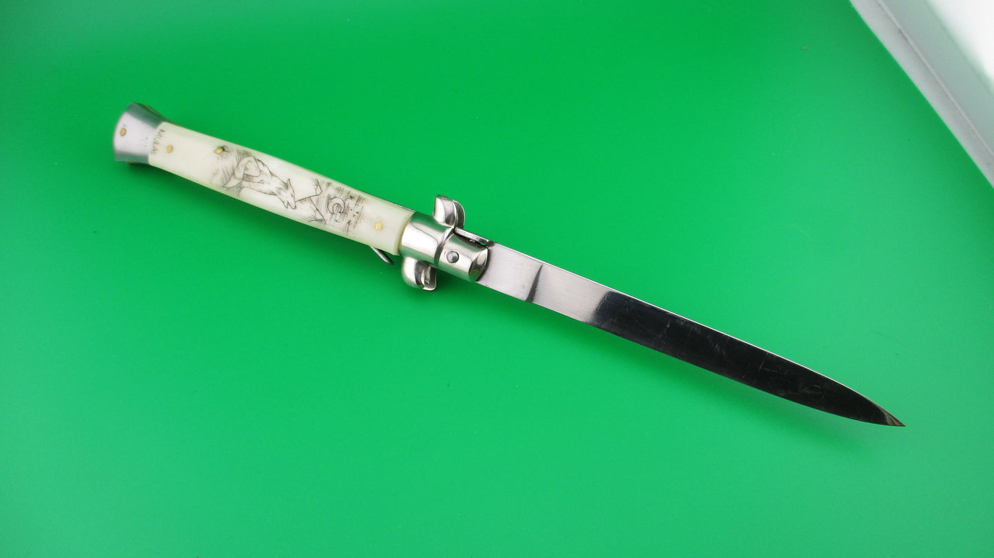 J INOX 28cm Italian Swivel bolster Scrimshaw Wolf & Moon automatic knife OSK MULAS
