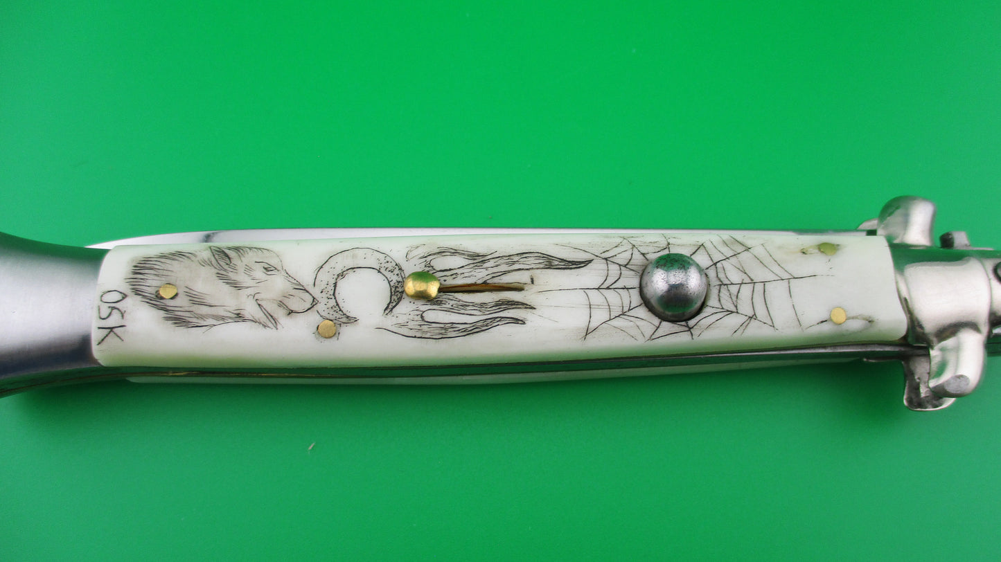 J INOX 28cm Italian Swivel bolster Scrimshaw Wolf & Moon automatic knife OSK MULAS