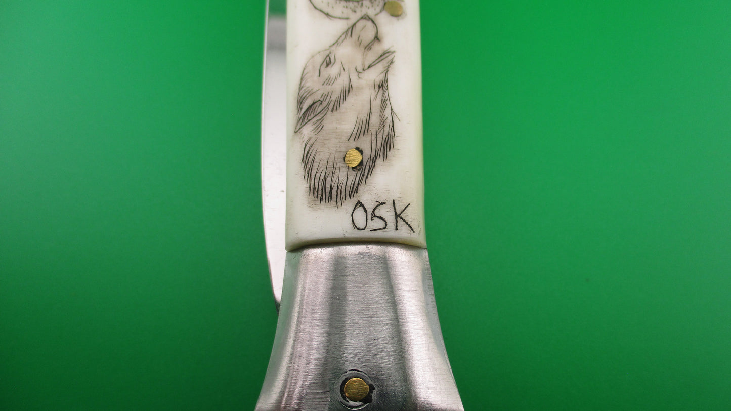 J INOX 28cm Italian Swivel bolster Scrimshaw Wolf & Moon automatic knife OSK MULAS