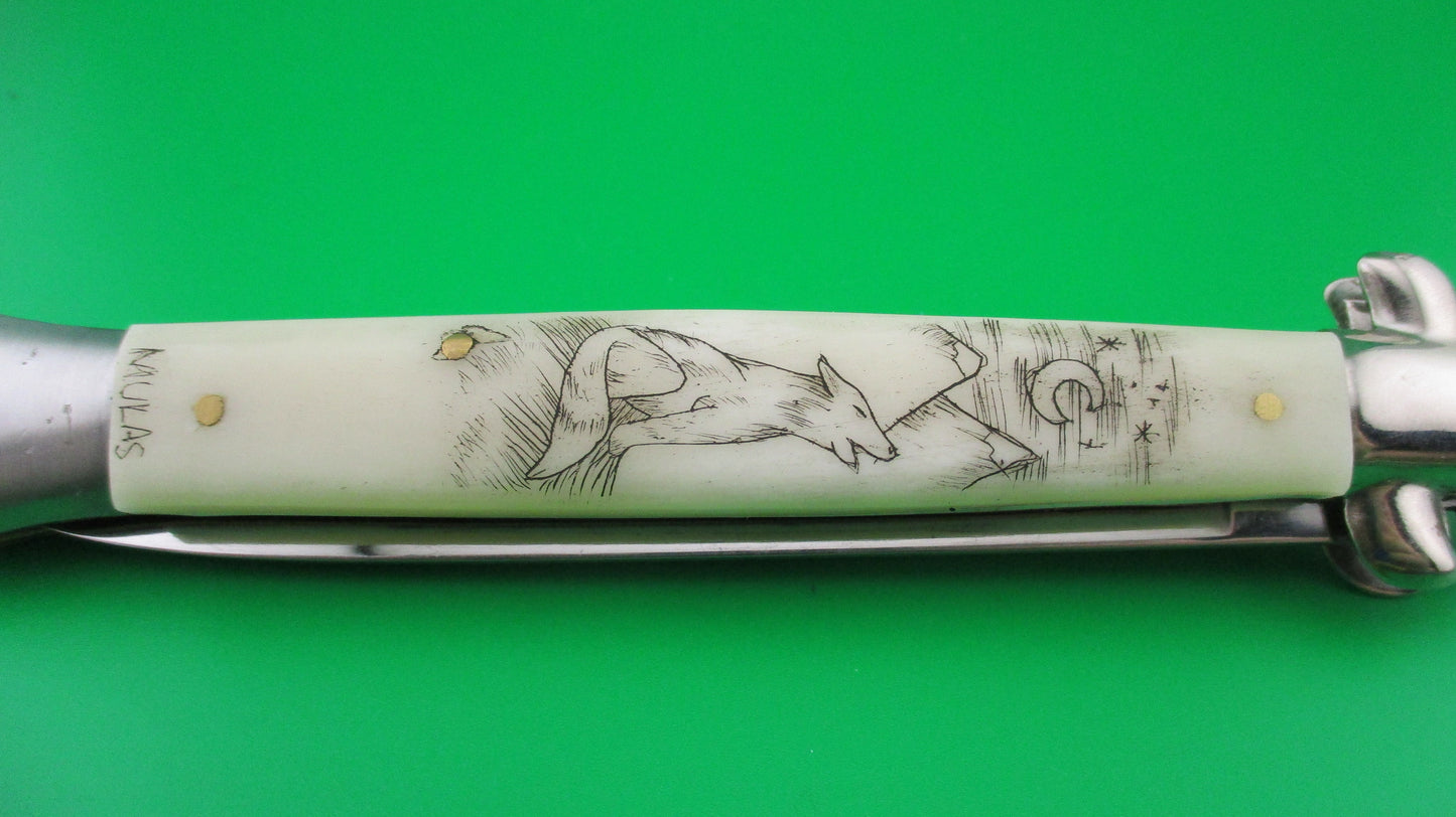 J INOX 28cm Italian Swivel bolster Scrimshaw Wolf & Moon automatic knife OSK MULAS