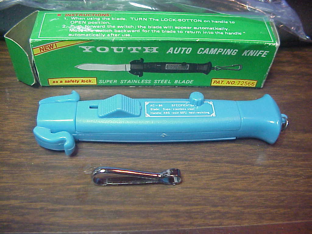 YOUTH AC-86 22cm TAIWAN OTF Auto Camping Knife vintage NOS BLUE switchblade w/ safety